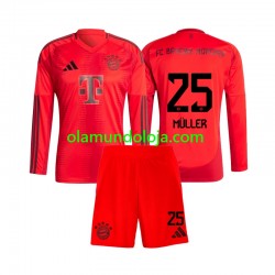 Camisola Bayern de Munique Thomas Muller 25 Criança Equipamento Primeiro 2024-2025 Manga Comprida